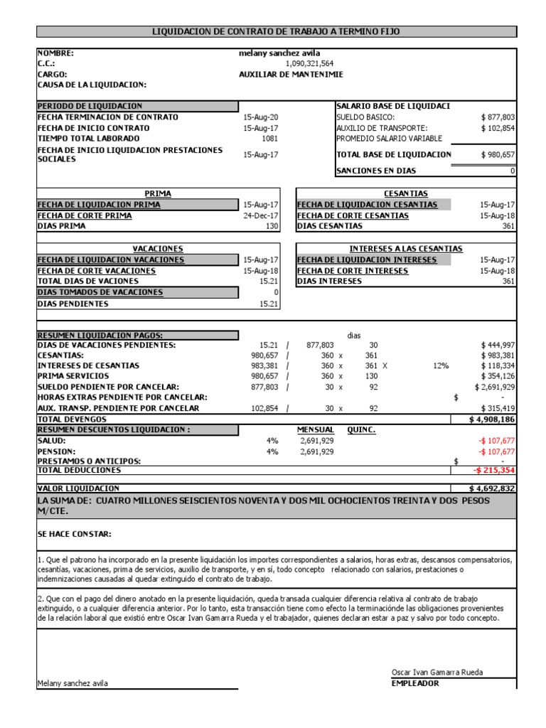 Formato para Liquidar Contrato de Trabajo A Termino Fijo | PDF ...