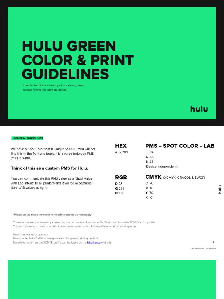 Hulu Green Color Print Guidelines PDF Communication Design
