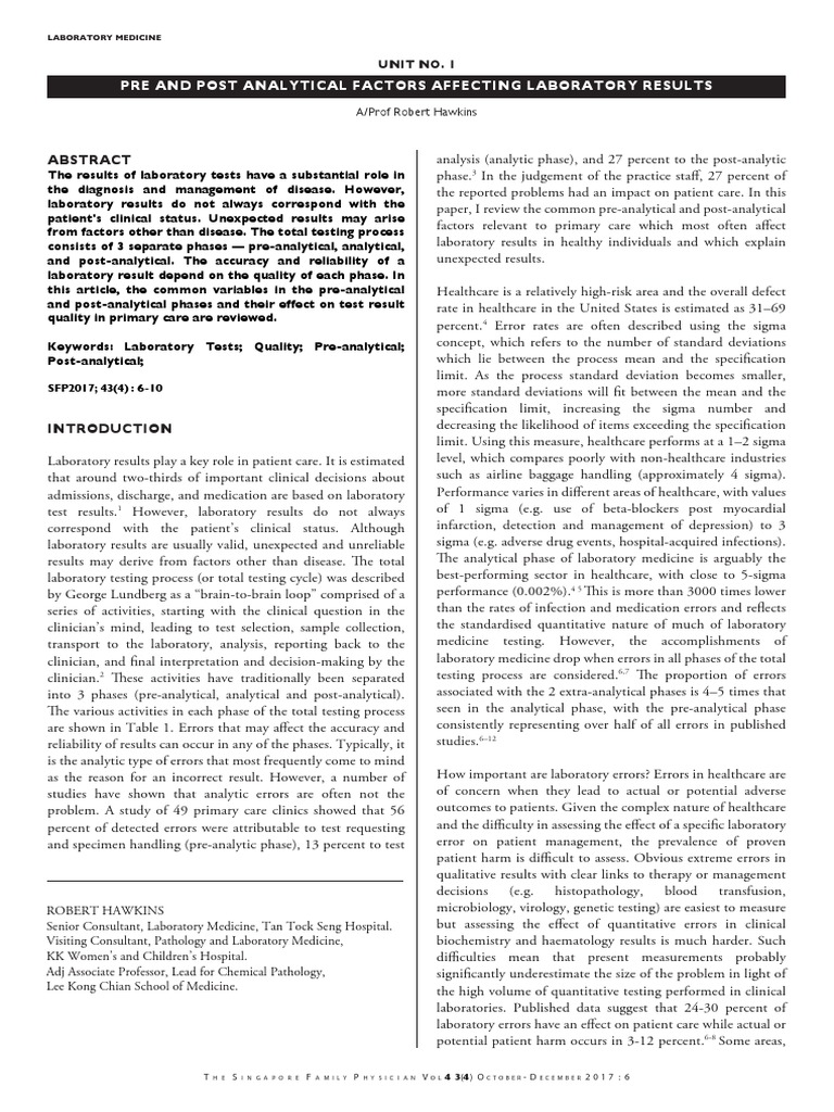 JOURNAL Pre and Post Analytical Factors Affecting Laboratory Results PDF Standard Deviation