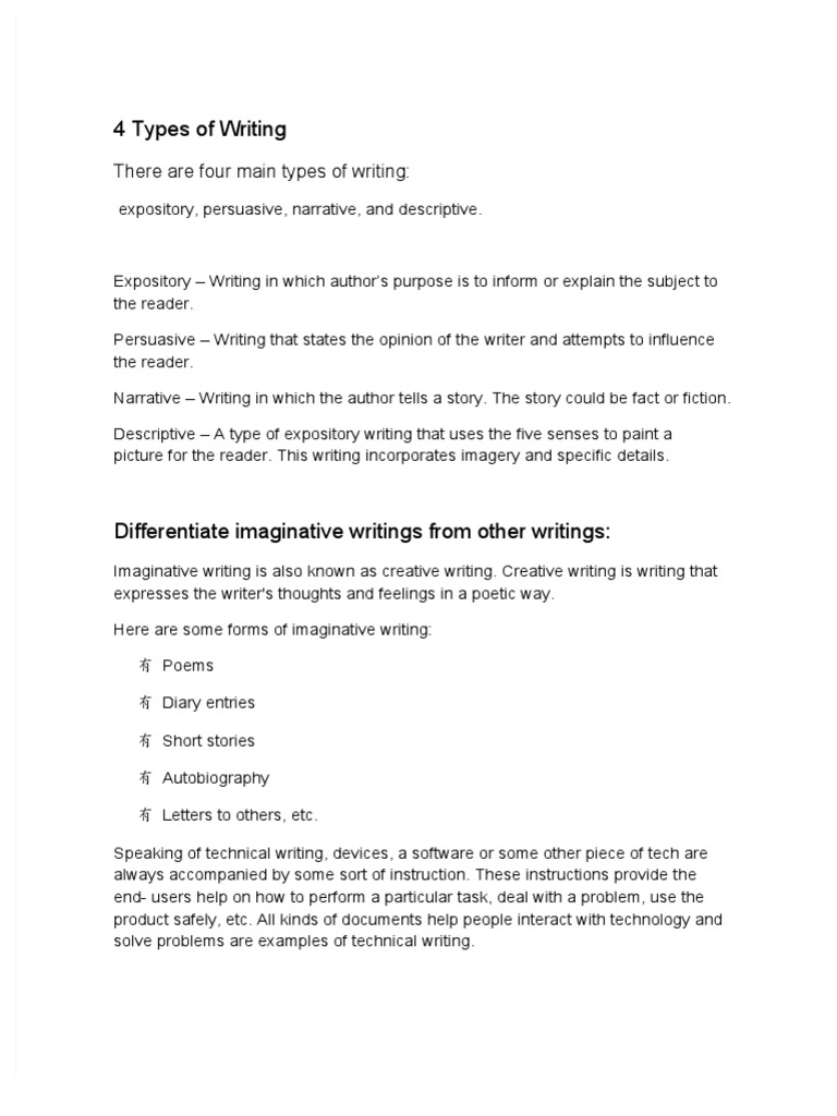 4 types of writing worksheet pdf