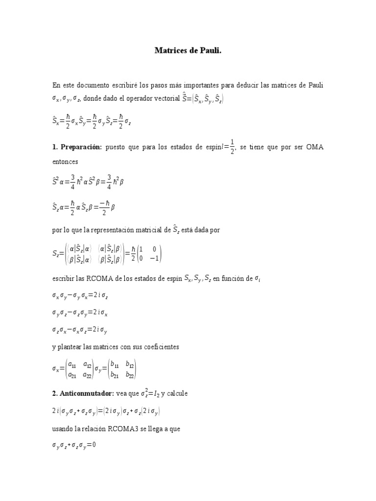 Matrices de Pauli en La Mecánica Cuántica | PDF | Matriz (Matemáticas ...
