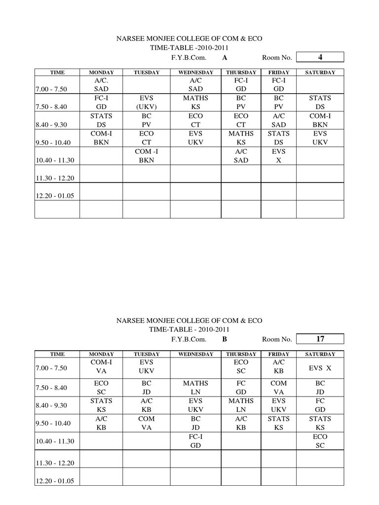 F.Y.B.Com. 2010-2011 Timetable | PDF