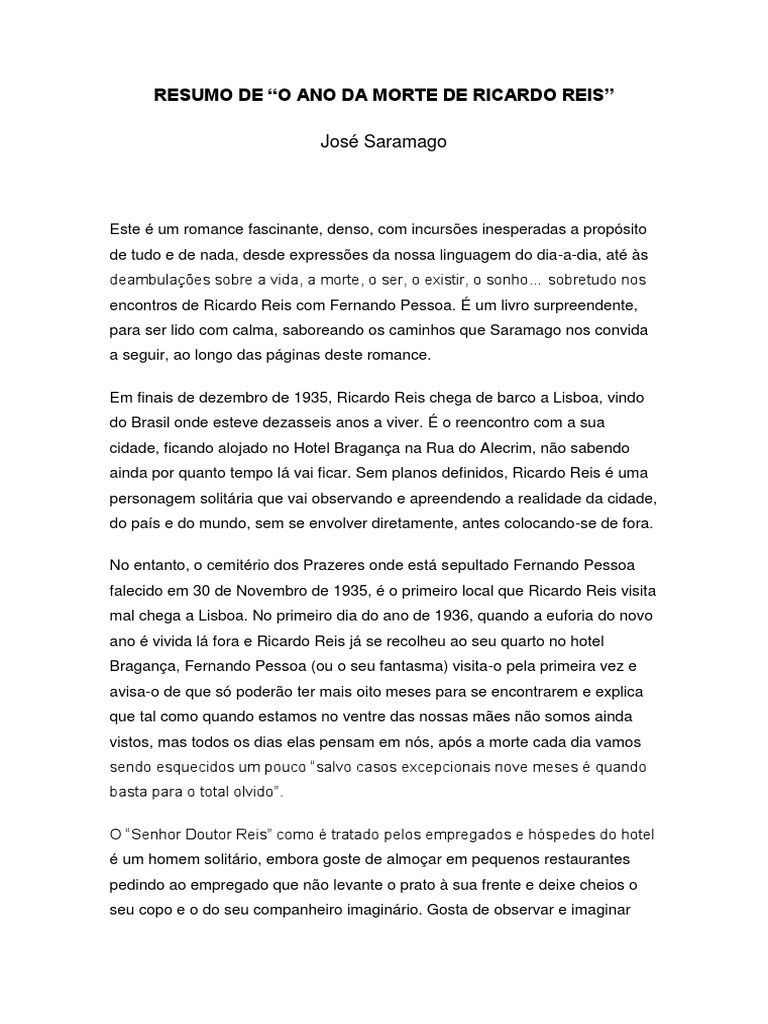 O Ano Da Morte De Ricardo Reis Resumo Por Capitulos