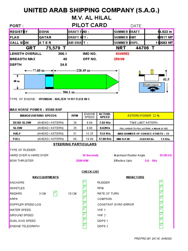United Arab Shipping Company (S.A.G.) : M.V. Al Hilal Pilot Card | PDF ...