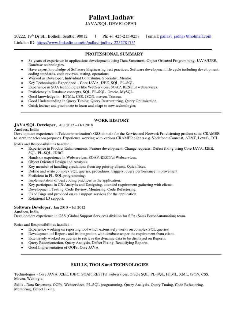 Java/SQL Developer Profile: Pallavi Jadhav | PDF | Web Service | Sql