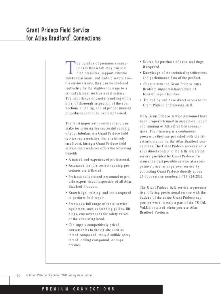 Grant Prideco Field Service For Atlas Bradford Connections | PDF | Pipe ...