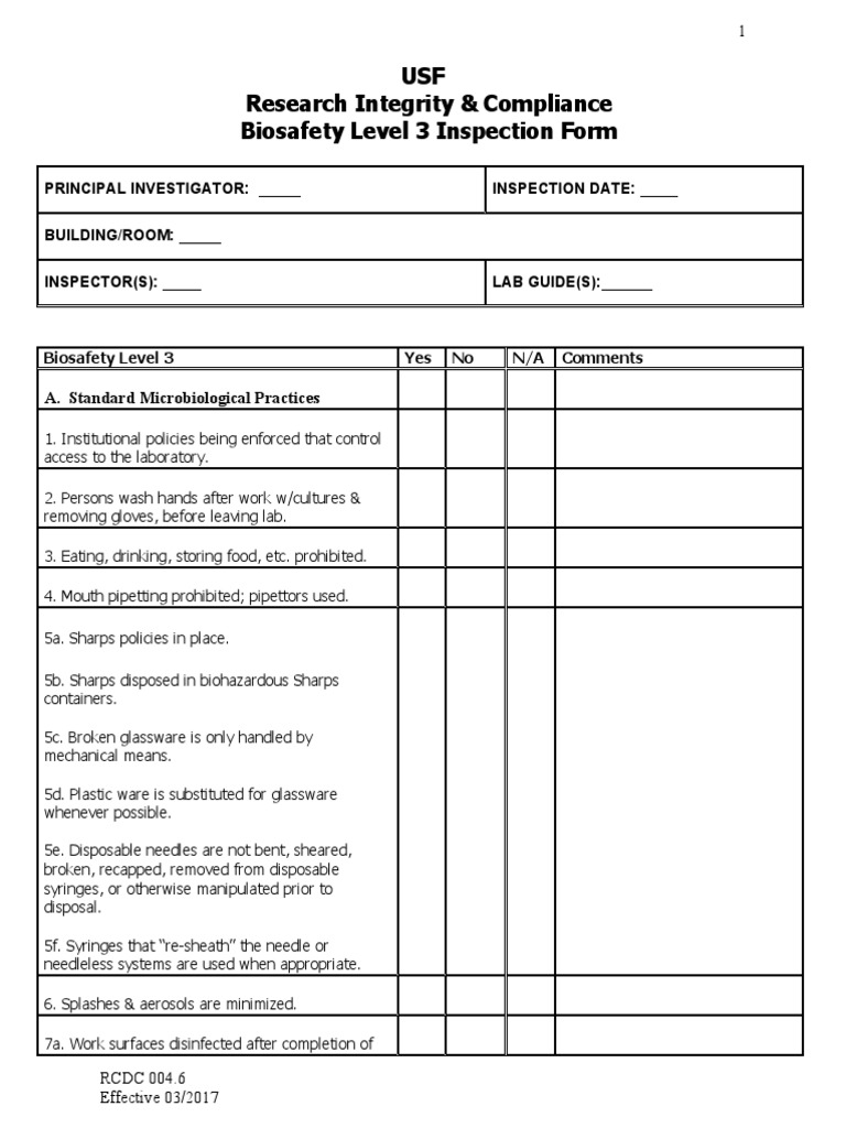 USF Research Integrity & Compliance Biosafety Level 3 Inspection Form ...