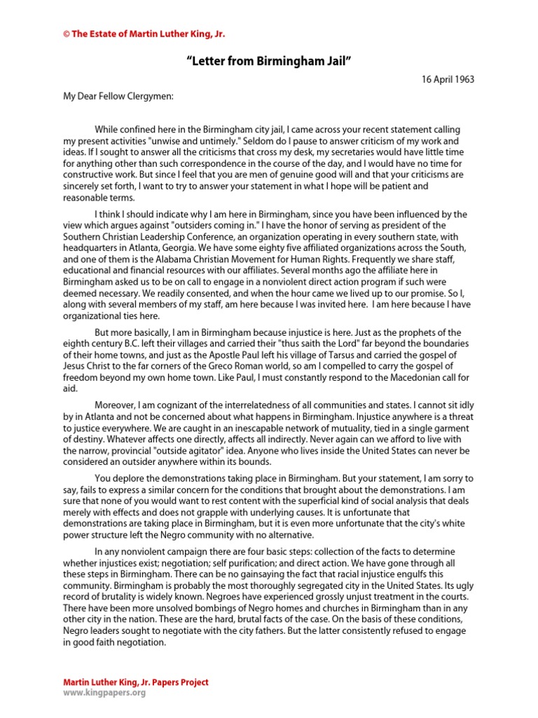 declaration of independence vs letter from birmingham jail