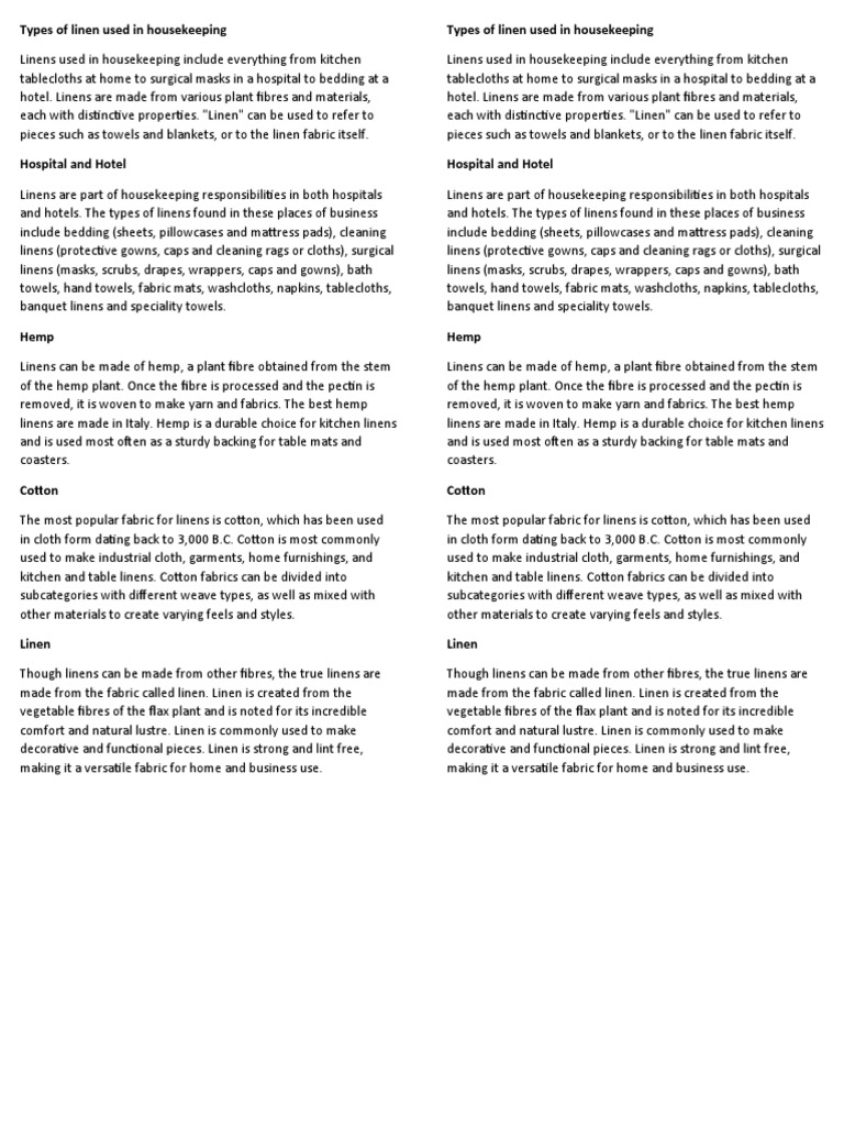 Types of Linen Used in Housekeeping PDF Linens Textiles