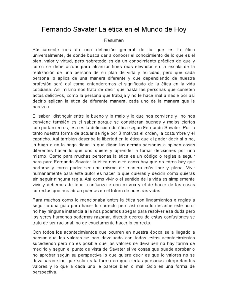 Fernando Savater La Ética en El Mundo de Hoy | PDF | Libertad | Mal