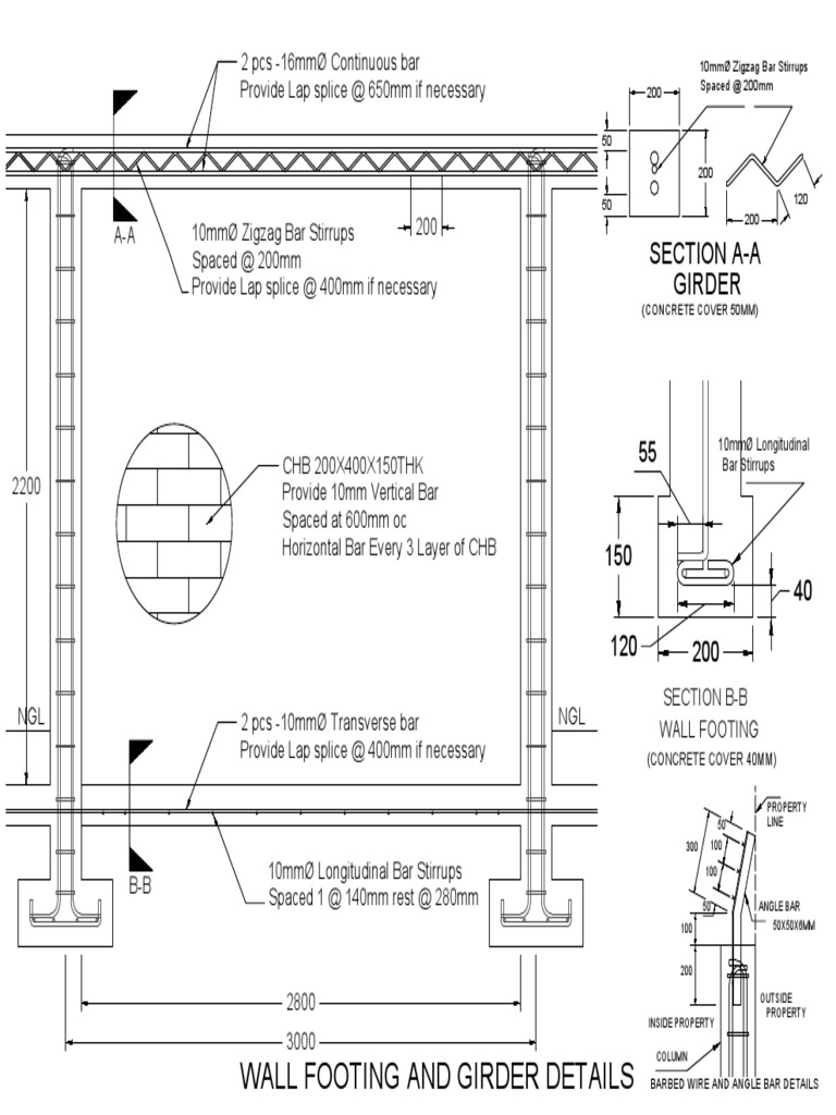 Wall Footing and Girder Details: Section A-A Girder | PDF | Civil ...
