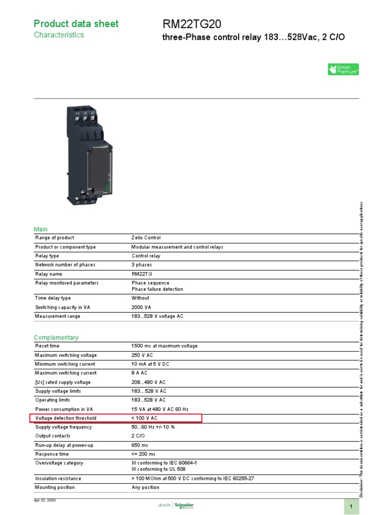 RM22TG20 3-Phase Control Relay Data | PDF | Alternating Current | Relay
