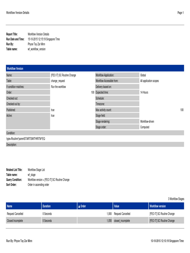 Report title run date and time run by table name workflow version