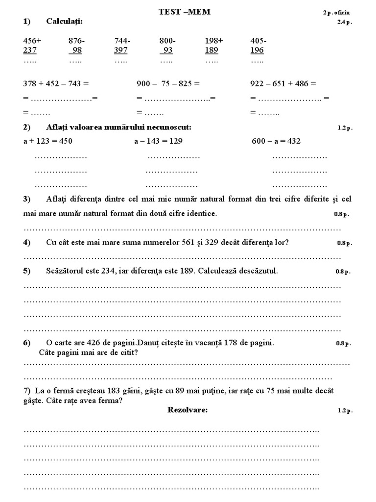 Test MEM Clasa A II-a | PDF