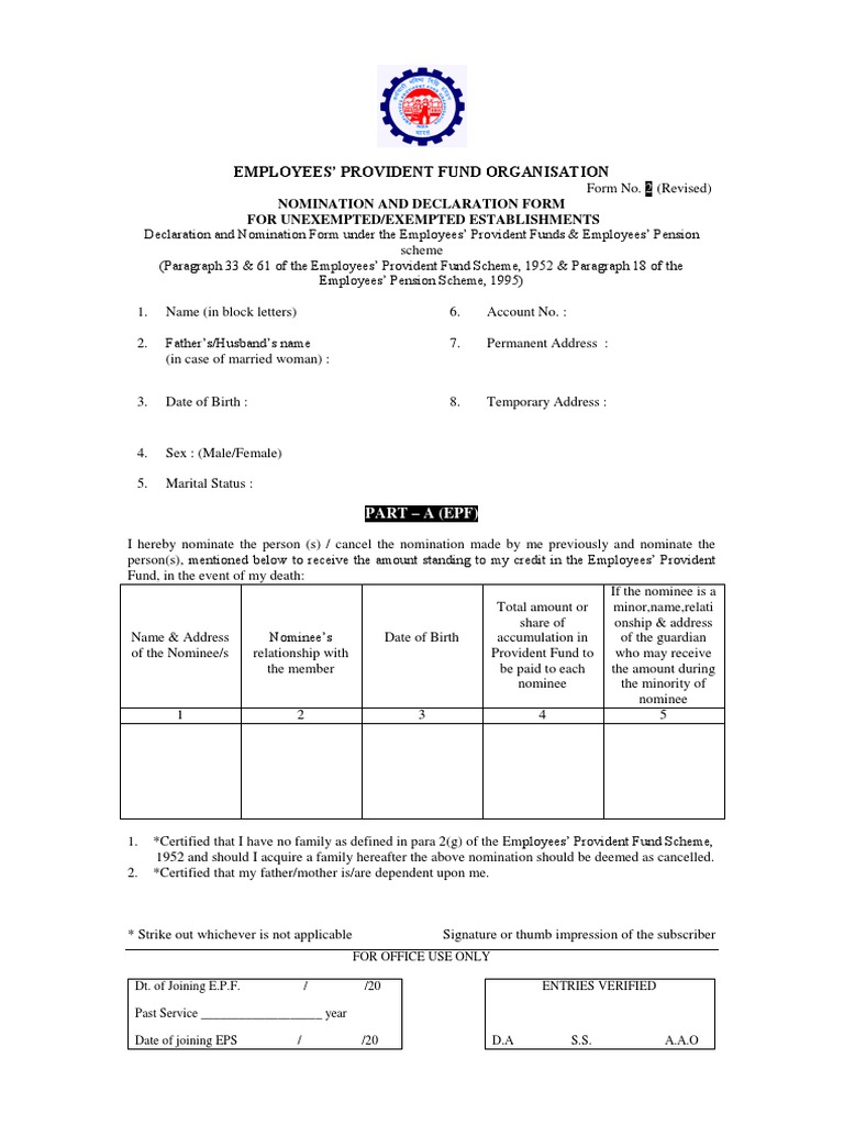 PF Nomination Form Form 2 PDF Social Institutions Social Science