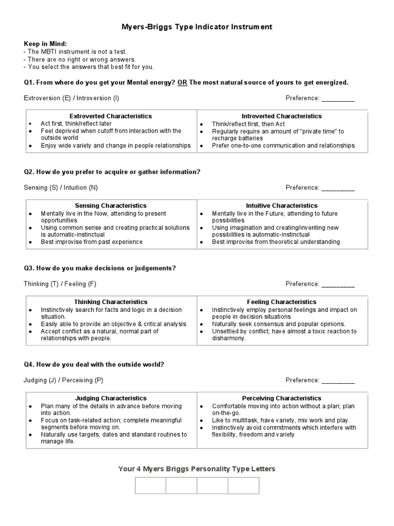 Myers-Briggs Type Indicator Instrument-2205 | PDF | Extraversion And ...