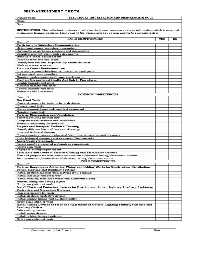 Electrical Installation NC II Self-Assessment | PDF | Electrical Wiring ...
