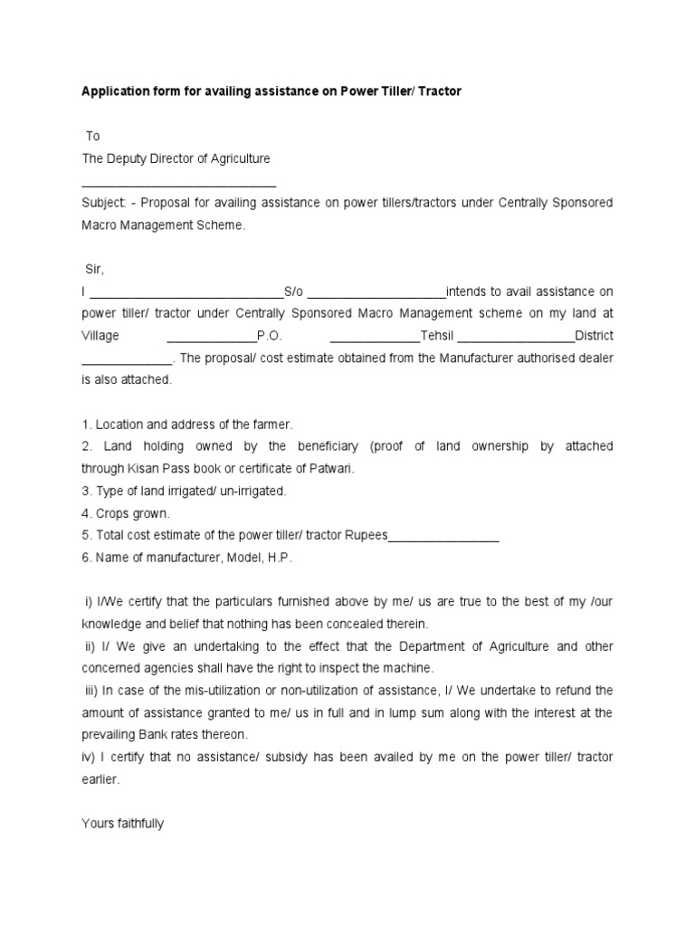Power Tiller Tractor Subsidy Form Docx