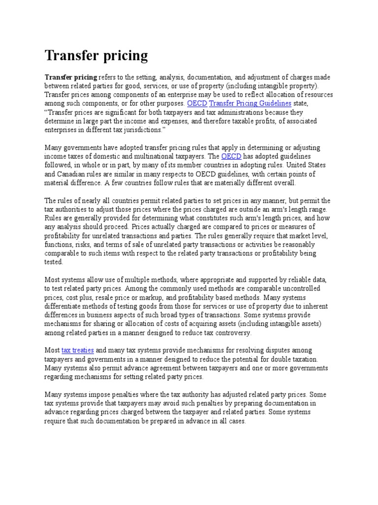 Transfer Pricing Transfer Pricing Refers To The Setting, Analysis