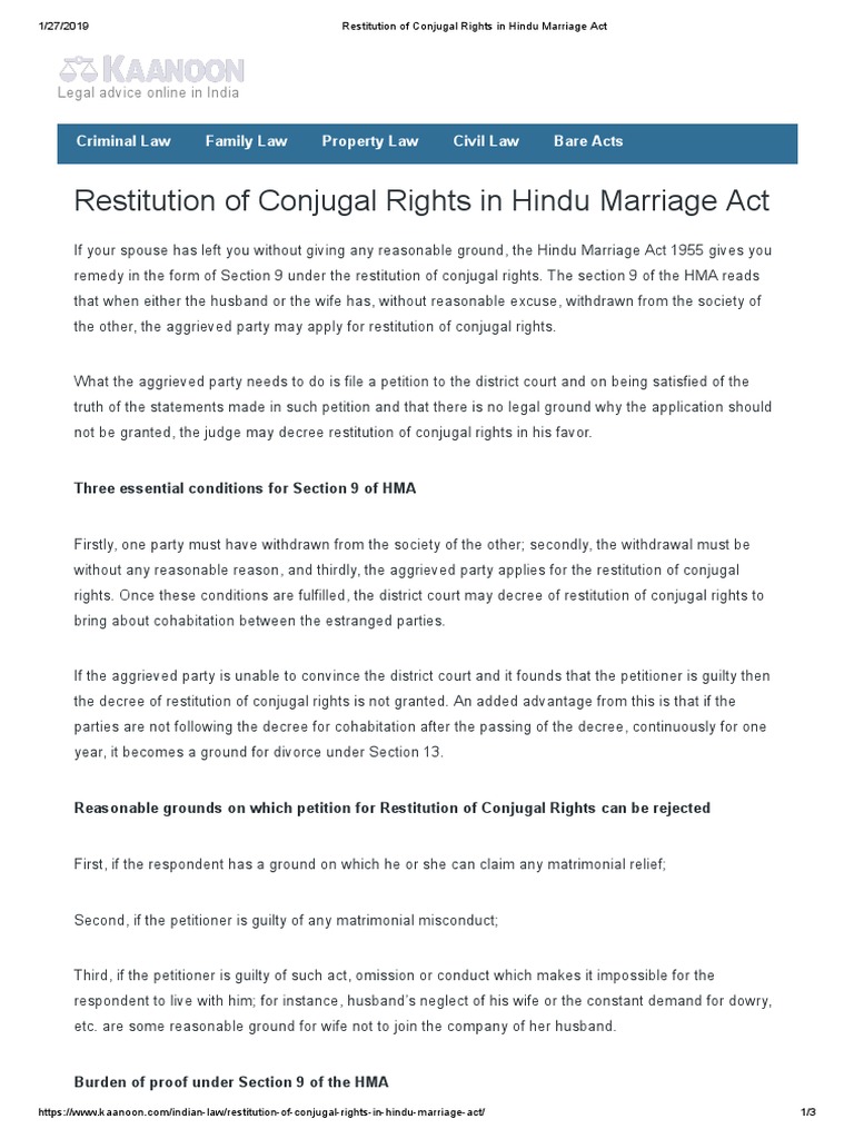 Restitution of Conjugal Rights in Hindu Marriage Act | PDF | Husband ...