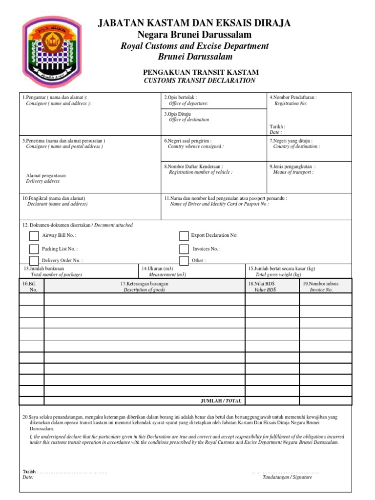 Pengakuan Transit Kastam Brunei | PDF