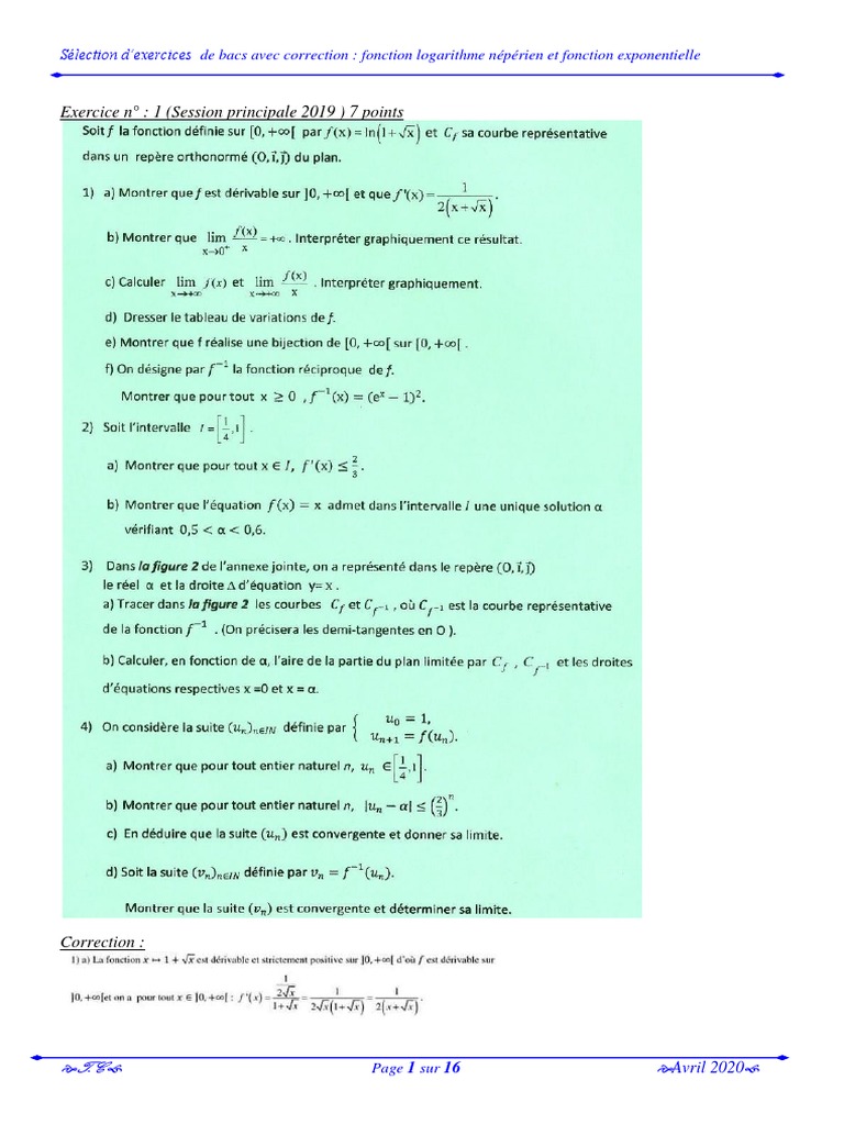 Etude De Fonction Logarithme Exercice Corrigé Pdf Sujets Bac Logarithmes Et Exponentielles Bac Sciences2016 2019 | PDF |  Fonction exponentielle | Nombre
