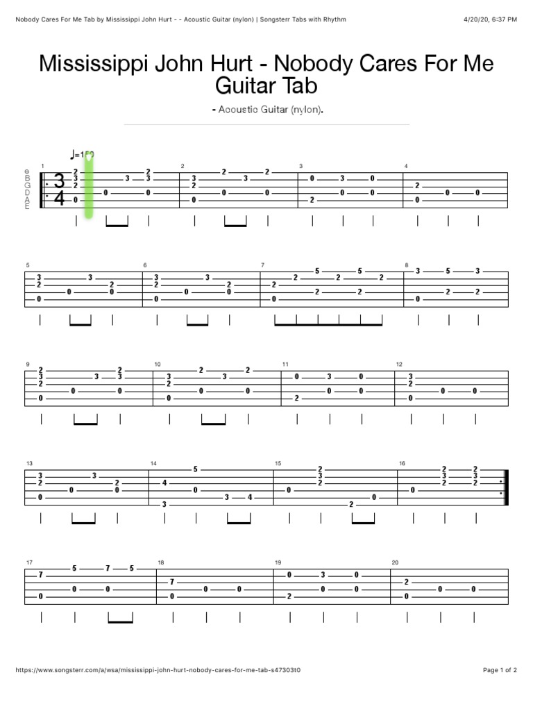 Nobody Cares For Me Tab By Mississippi John Hurt Acoustic Guitar Nylon Songsterr Tabs With Rhythm Pdf String Instruments Musical Instruments