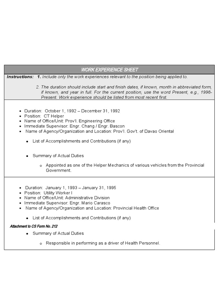 Work Experience Sheet Template | PDF