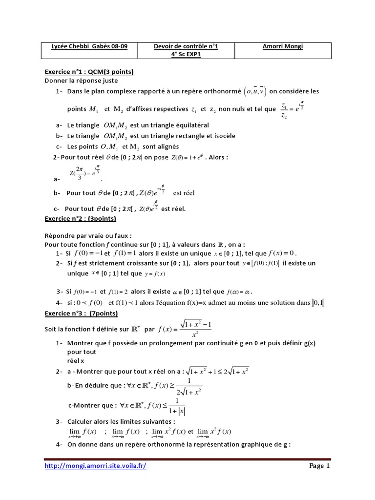 Devoir De Controle 1 08 09 4scexp Nombre Complexe Triangle