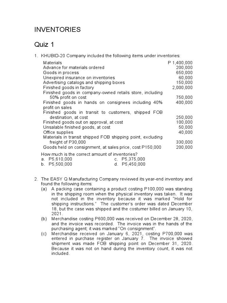 Inventories Quiz 1 PDF Accounts Payable Inventory