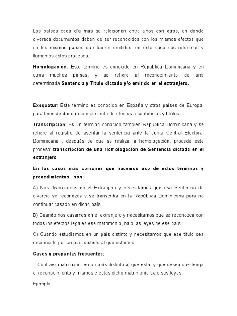 Homologación y Exequatur en RD | PDF | Divorcio | Matrimonio
