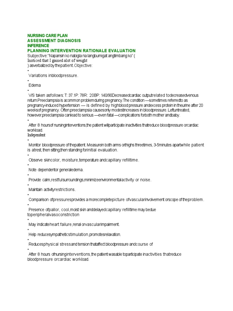 Nursing Care Plan Assessment Diagnosis Inference Planning Intervention ...