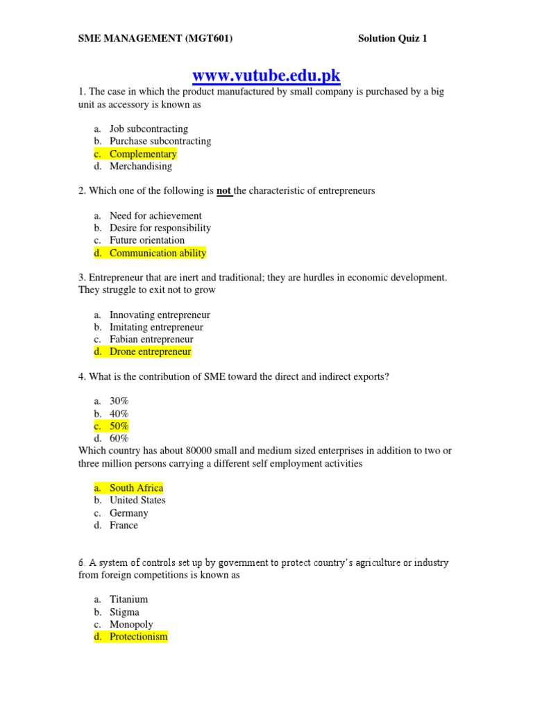 SME Management Quiz 1 Solutions | PDF | Business