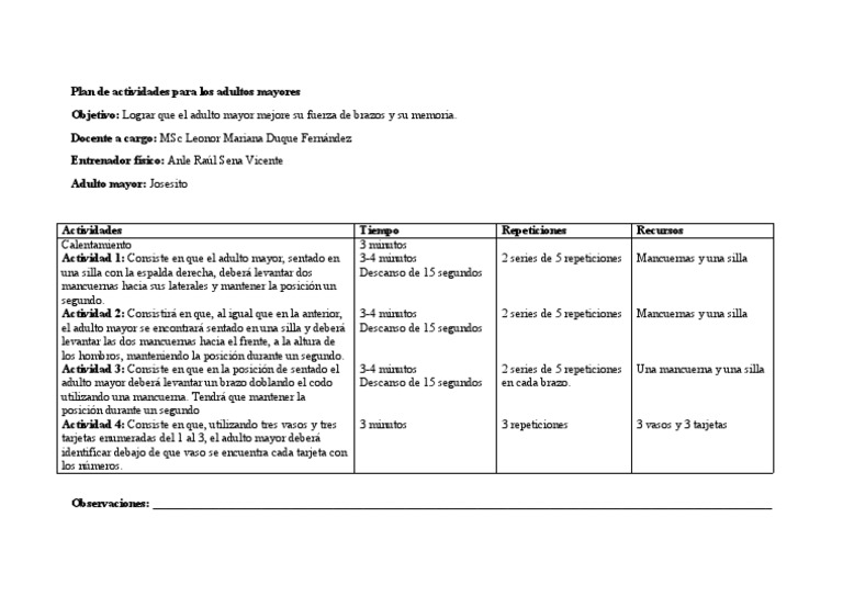Plan de Actividades para Los Adultos Mayores | PDF