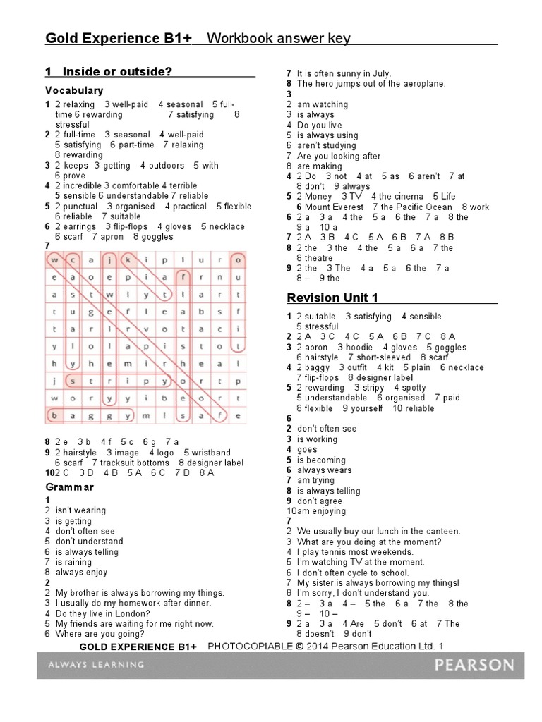 Gold Experience B1 Workbook Answer Key Pdf