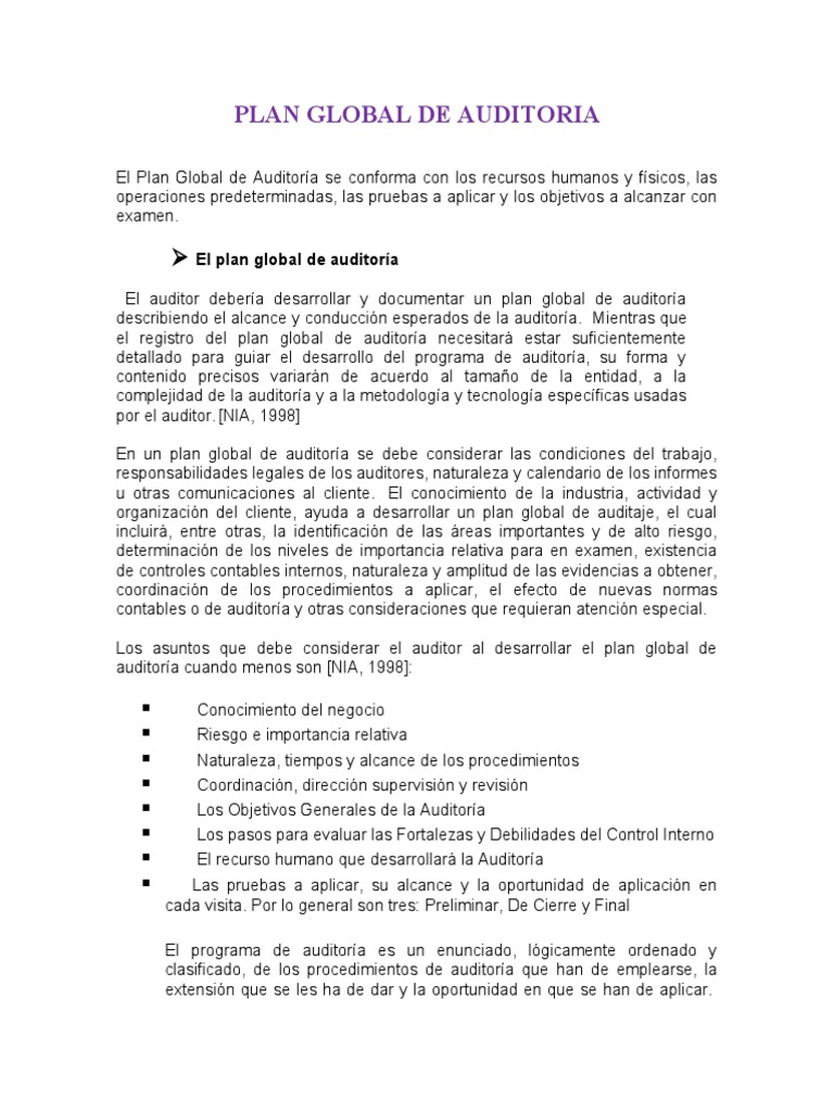 Plan Global de Auditoría Detallado | PDF | Auditoría | Contralor