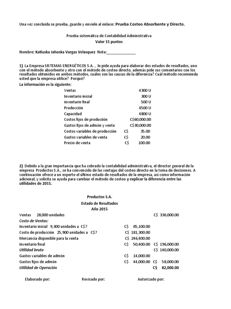 Costeo Directo en Contabilidad Administrativa | PDF | Inventario ...