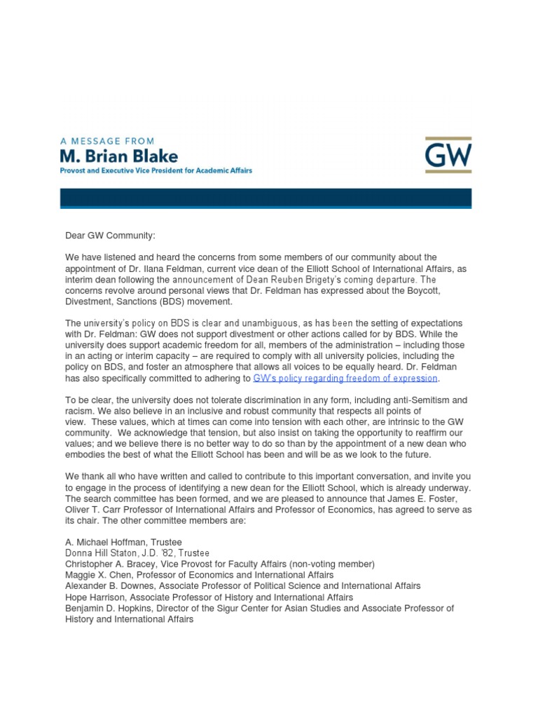 George Washington Letter Boycott Divestment And Sanctions Politics