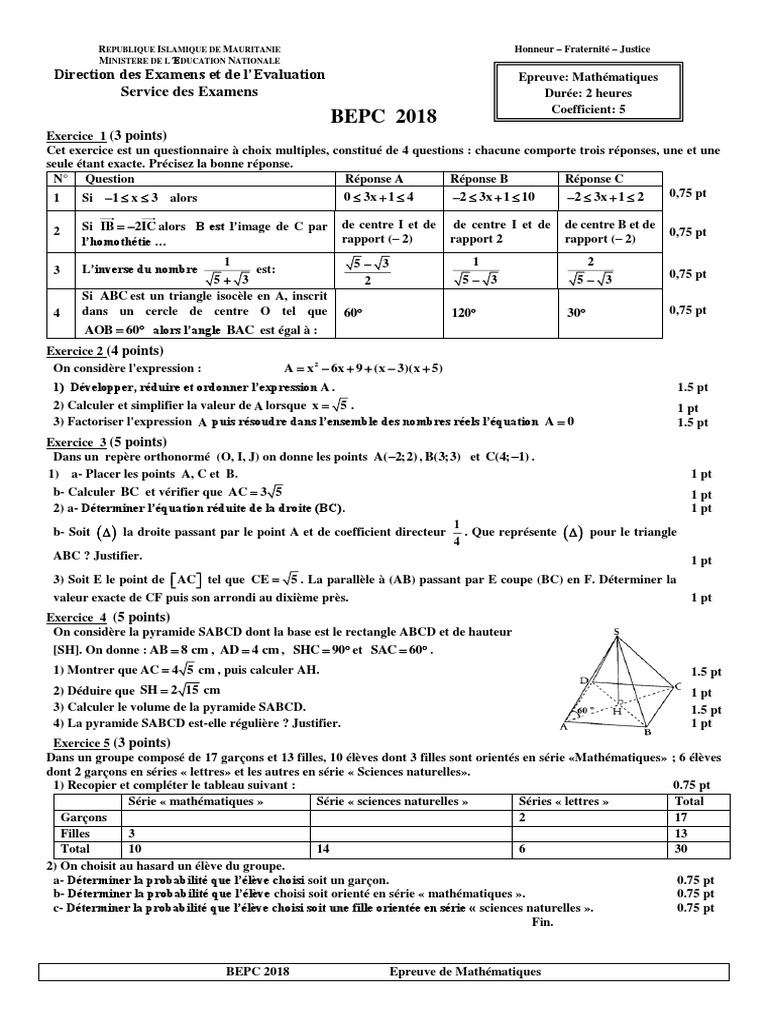 Exercice Probabilité 3ème Brevet Pdf Corrigé BEPCN2018 | PDF | Analyse mathématique | Mathématiques élémentaires