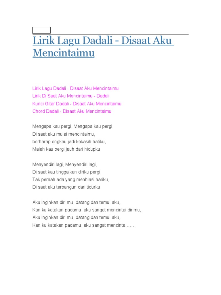Lirik Lagu Dadali Disaat Aku Mencintaimu