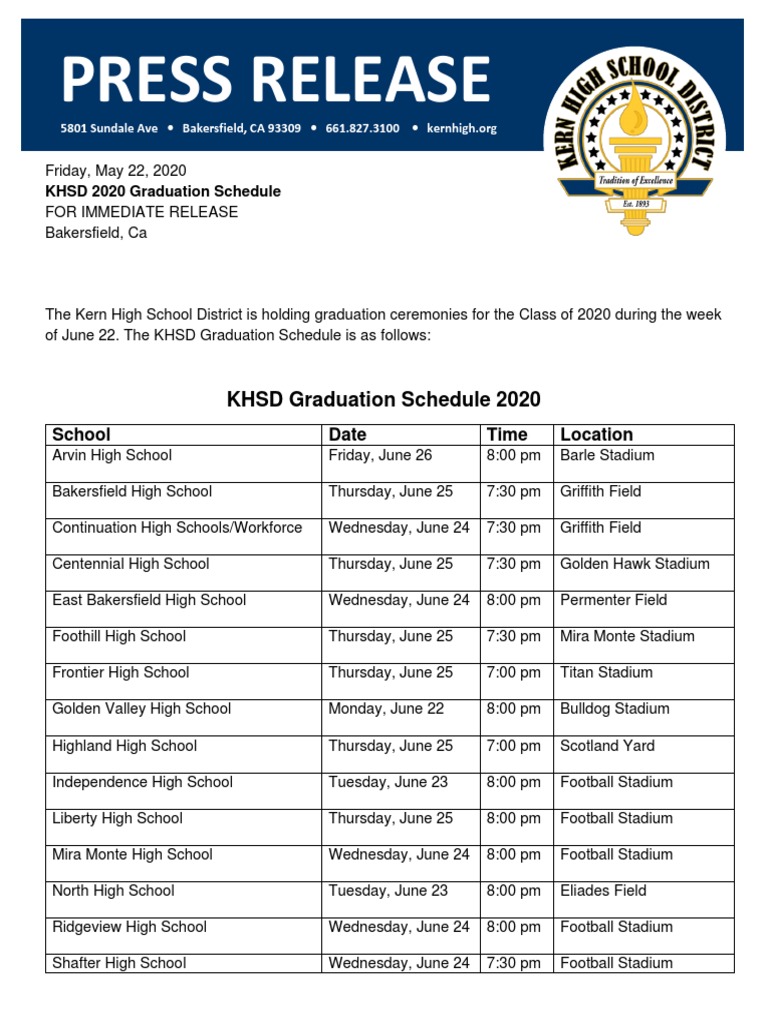 KHSD 2020 Graduation Schedule PDF