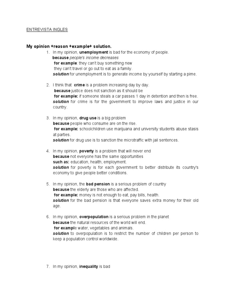 My Opinion +reason +example+ Solution.: Entrevista Ingles | PDF ...