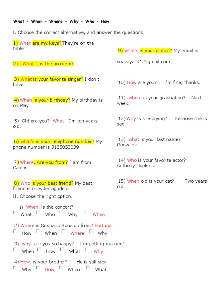 WH Question Exercise | PDF