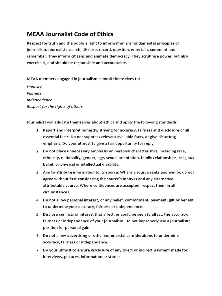 MEAA Journalist Code of Ethics Honesty Fairness Independence Respect For The Rights of Others