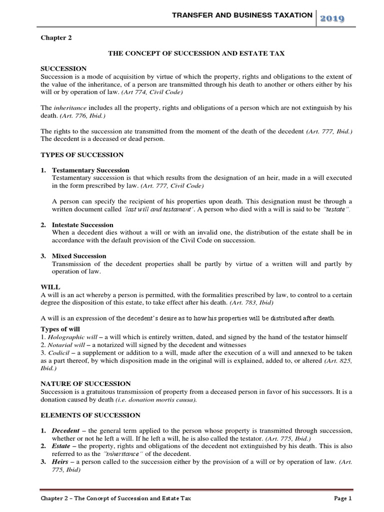 TAXATION 2 Chapter 2 The Concept of Succession and Estate Tax PDF
