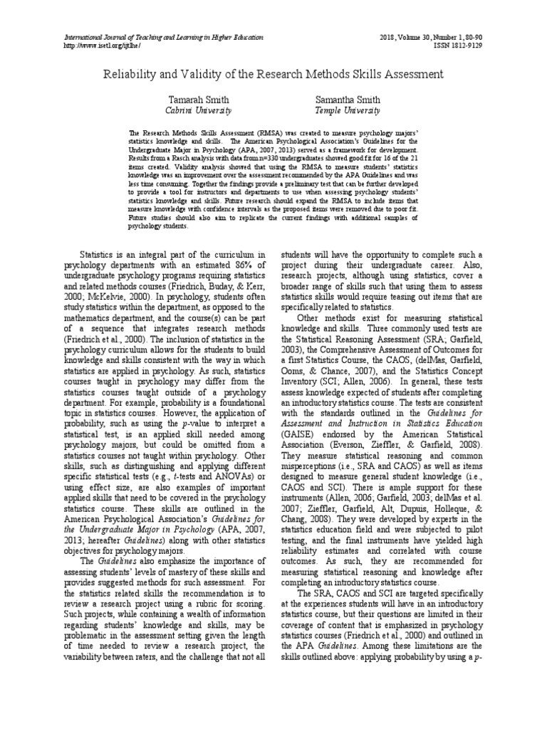Reliability and Validity of The Research Methods Skills Assessment ...