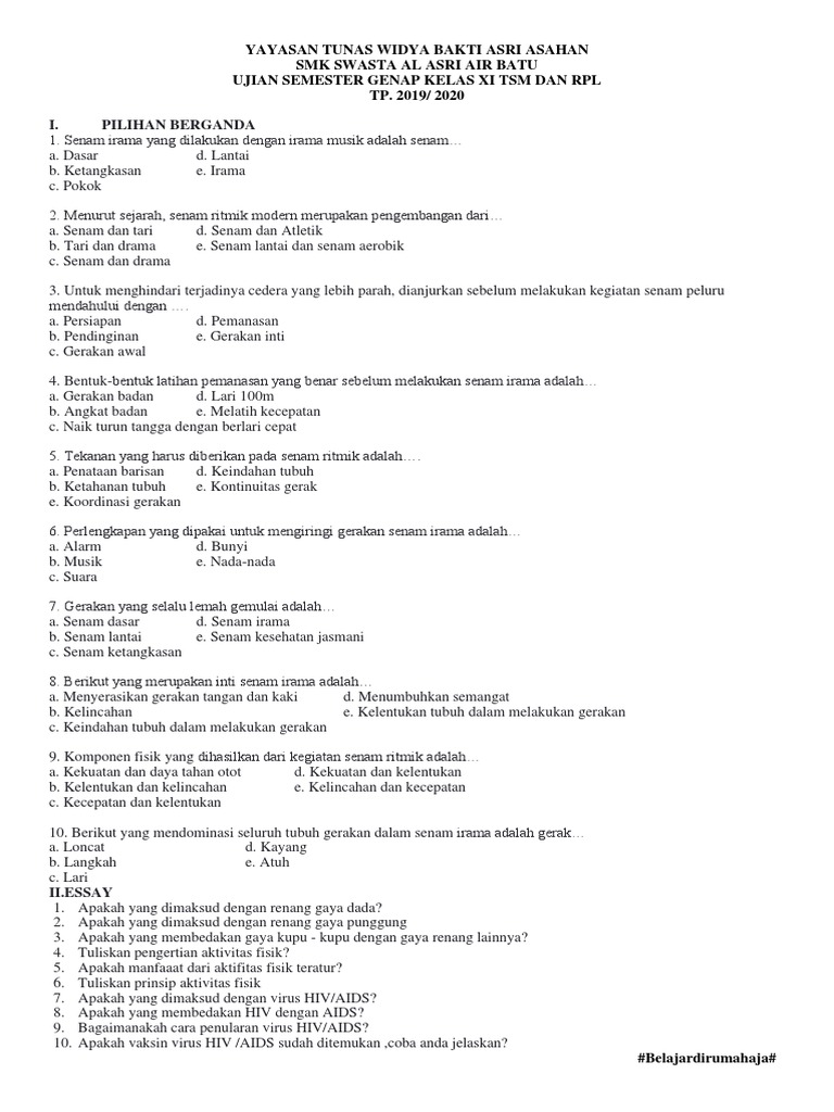 Soal Pjok Kls Xi 2020 Pdf