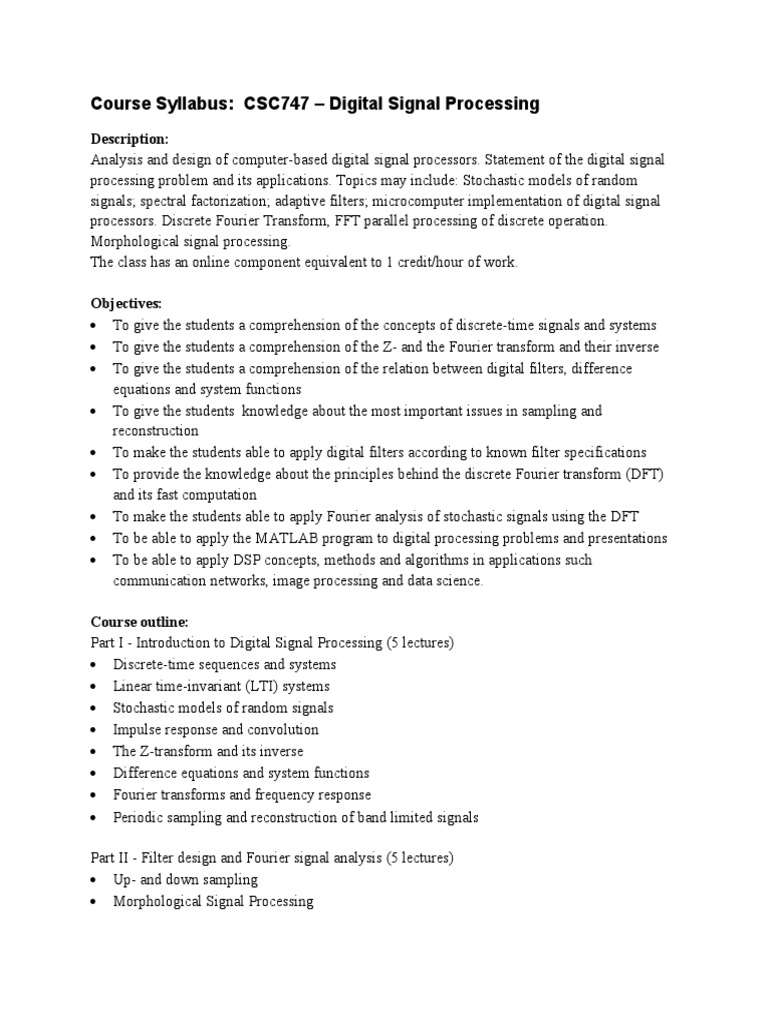 Course Syllabus: CSC747 - Digital Signal Processing: Description | PDF ...