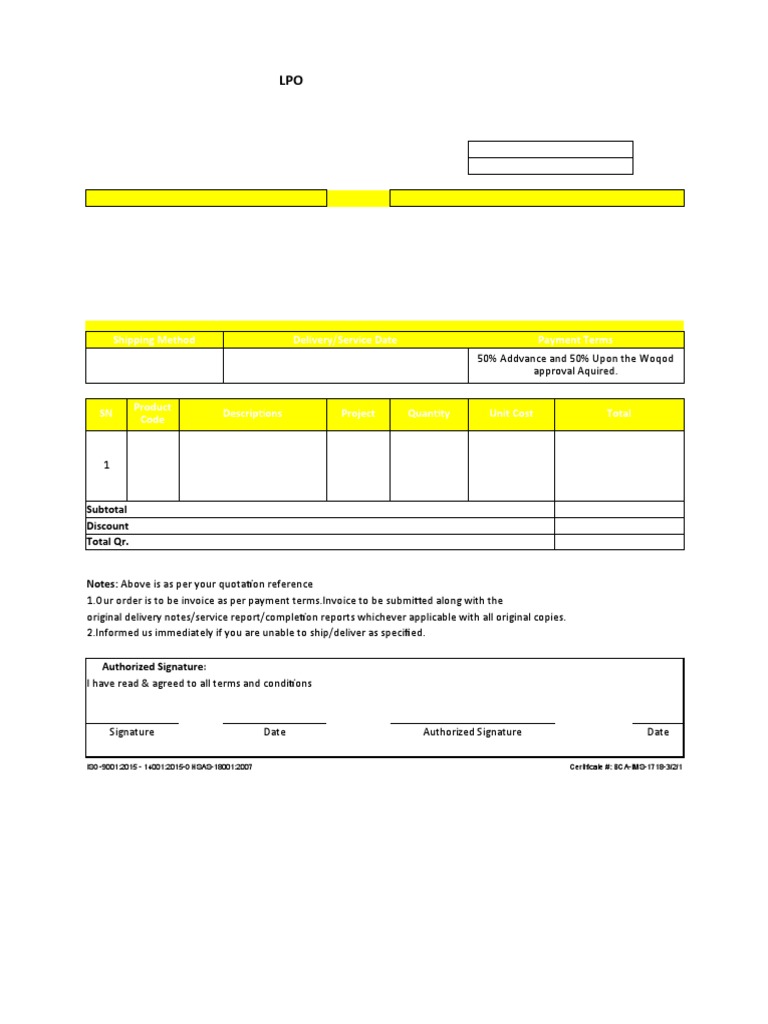 Shipping Method Delivery/Service Date Payment Terms: Subtotal Discount ...