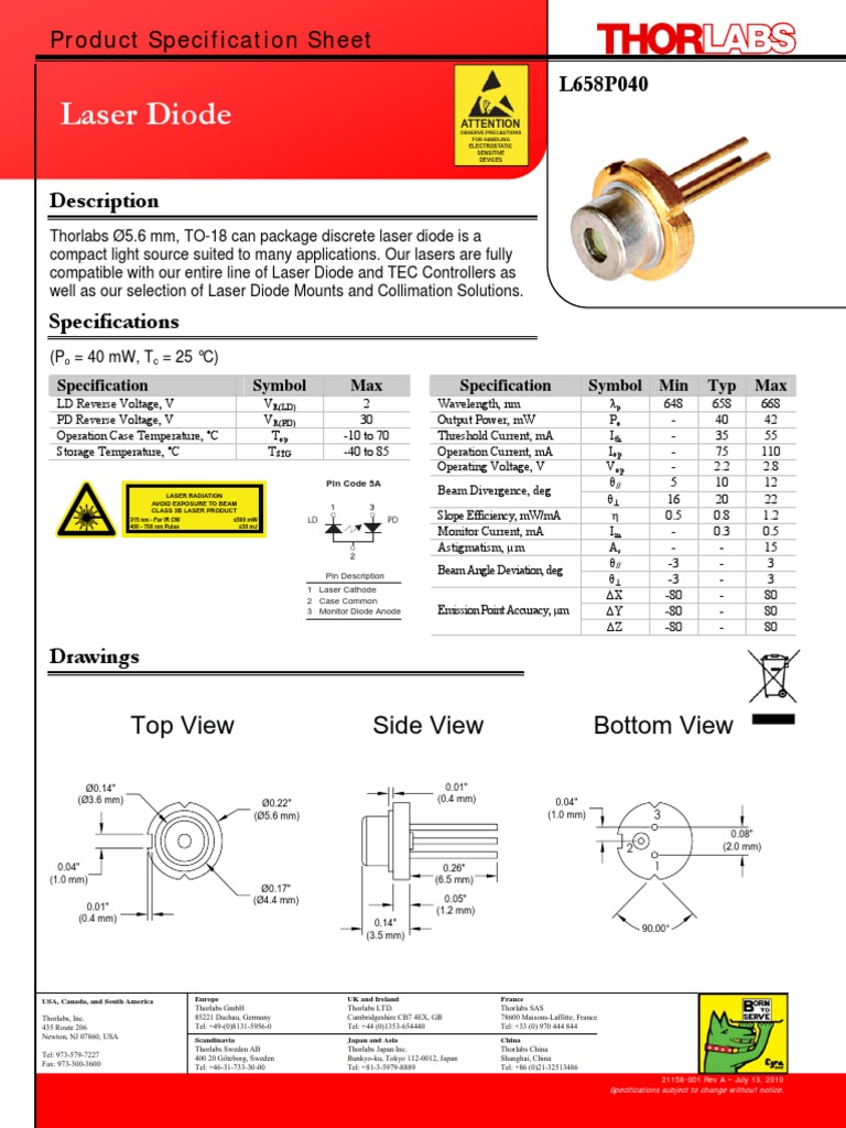 Thorlabs L658P040 Laser Diode Specs | PDF | Laser Diode | Laser